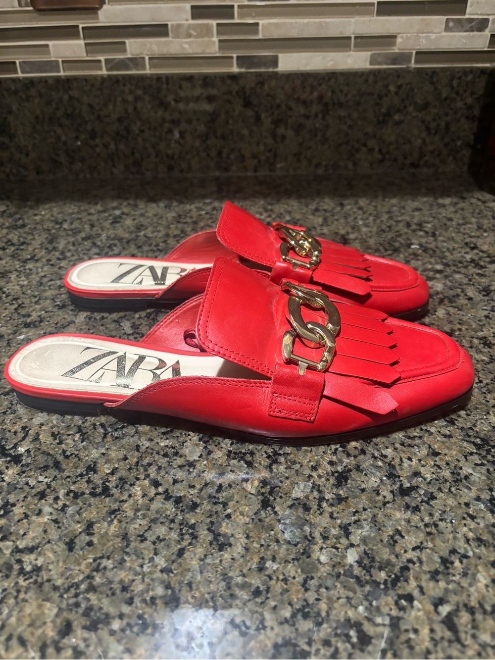Zara Red Slip-On Fringe Mules with Gold Chain Accent